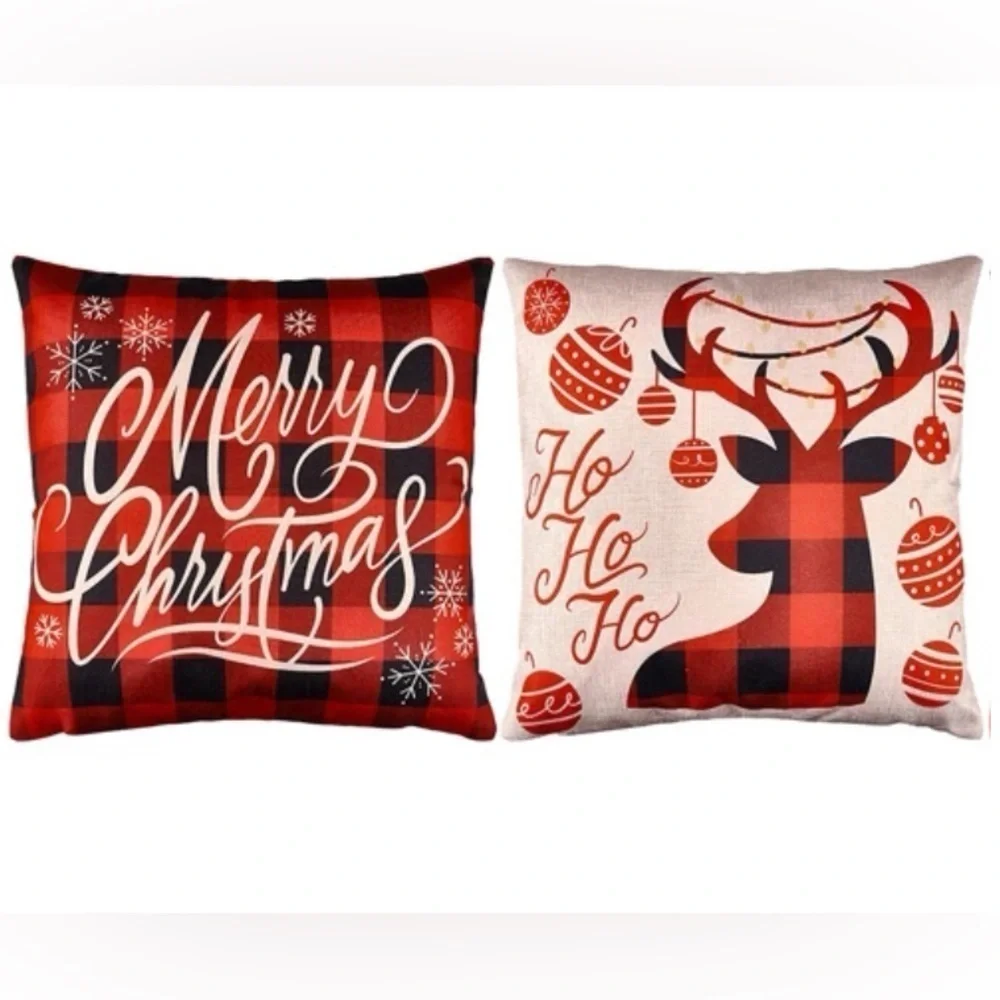Pillow Cover Set Christmas Rustic Holiday Zip Linen Buffalo Plaid Red Black 17”